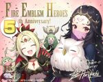  &gt;_&lt; 1boy 5girls ahoge animal anniversary bangs bird black_hair blonde_hair bodystocking braid breasts cape circlet closed_eyes confetti dress drill_hair facial_mark feh_(fire_emblem_heroes) fehnix fire_emblem fire_emblem_awakening fire_emblem_fates fire_emblem_heroes flayn_(fire_emblem) forehead_mark gloves green_hair hair_ornament holding kousei_horiguchi long_hair long_sleeves looking_at_viewer messy_hair mother_and_daughter mouth_veil multiple_girls nah_(fire_emblem) navel nowi_(fire_emblem) nyx_(fire_emblem) official_alternate_costume official_art open_mouth owl pointy_ears ponytail red_eyes see-through small_breasts smile tattoo thighhighs tiara twin_braids upper_body veil very_long_hair 