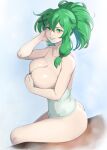  1girl absurdres ass blush bottomless breasts cleavage cleavage_reach commentary english_commentary eyeshadow genderswap genderswap_(mtf) green_eyes green_eyeshadow green_hair green_lips green_nails hair_ornament highres huge_breasts league_of_legends lipstick long_hair looking_at_viewer makeup naked_towel personification sitting solo steam thresh_(league_of_legends) towel updo vilde_loh_hocen x_hair_ornament 