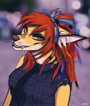  anthro artist_name blue_clothing blue_eyes blue_hair blue_topwear bust_portrait canid clothed clothing ear_piercing ear_ring fangs female grin hair heterochromia inner_ear_fluff light_body looking_at_viewer mammal multicolored_hair piercing portrait red_hair ring_piercing smile solo tan_body teeth topwear tuft two_tone_hair unknowhiter white_inner_ear_fluff yellow_body yellow_eyes 