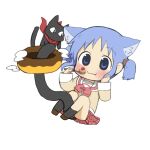  1boy 1girl animal_ears black_cat black_thighhighs blue_eyes blue_hair blush cat cat_ears cat_girl cat_tail chibi doughnut eating food naganohara_mio naganoharamiomio nichijou red_scarf sakamoto_(nichijou) scarf school_uniform short_hair simple_background tail thighhighs tokisadame_school_uniform two_side_up white_background 