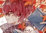  1boy akiyo_(lifetimes) autumn bespectacled book from_side fukase glasses highres holding holding_book leaf looking_at_viewer male_focus maple_leaf point_(vocaloid) red_eyes red_hair scarf semi-rimless_eyewear solo vocaloid 