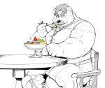  1boy aegis_(crave_saga) alternate_costume animal_ears armor bara bear_boy bear_ears belly blush bursting_pectorals casual crave_saga cup eating facial_hair fat fat_man food forked_eyebrows fruit gauntlets goatee grey_hair highres holding holding_spoon ice_cream kumagayasin looking_to_the_side male_focus mature_male midriff_peek muscular muscular_male mustache old old_man on_chair pectorals shirt short_hair shy sitting solo spoon spot_color strawberry thick_eyebrows translation_request white_fur 