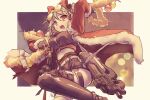  1girl :d arigatoner black_shorts boots breasts bullpup christmas coat commentary_request double_bun eyewear_on_head fur-trimmed_coat fur_trim garland_(decoration) girls&#039;_frontline gloves gun hair_between_eyes hair_bun hair_ornament large_breasts leg_up looking_at_viewer midriff official_alternate_costume open_mouth p90 p90_(girls&#039;_frontline) p90_(scarlet_turbo)_(girls&#039;_frontline) red_coat red_eyes shorts smile solo star_(symbol) star_hair_ornament submachine_gun sunglasses thigh_boots weapon 