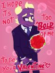  &lt;3 animaanimals anthro black_tie_(suit) blush bouquet claws clothing flower hi_res holidays horn kobold looking_away male pink_background plant purple_body rose_(flower) shy simple_background solo spiked_tail spikes spikes_(anatomy) suit text valentine&#039;s_day 