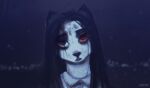  anthro artist_name black_hair black_nose bust_portrait clothed clothing felid female front_view glistening glistening_eyes hair long_hair mammal portrait red_eyes red_sclera simple_background solo topwear unknowhiter white_body white_clothing white_topwear 