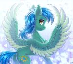  abstract_background absurd_res blue_hair blue_tail butt chest_tuft cutie_mark equid equine eyebrows eyelashes fan_character feathered_wings feathers female feral green_body green_feathers hair hakaina hasbro hi_res looking_back mammal my_little_pony pegasus signature smile solo spread_wings tail tuft wings yellow_eyes 