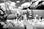  age_difference anthro arctic_fox bat-eared_fox black_and_white butt canid canine comic detailed_background digital_media_(artwork) duo fox fur fycroh girly hair hot_spring humanoid kendel_(the_bat-eared_fox) male male/male mammal manga monochrome nude silver_(alopex) size_difference slim water young younger_male 