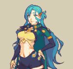  1girl alternate_costume aqua_hair black_pants bow breasts chloe_(fire_emblem) commentary cowboy_shot crop_top earrings fire_emblem fire_emblem_engage glaceo green_eyes grey_background hair_bow hand_on_hip jewelry leggings long_hair long_sleeves medium_breasts midriff navel orange_bow pants pixel_art simple_background smile solo standing stomach very_long_hair 