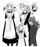  1boy 1girl alternate_costume apron bad_id bad_twitter_id bow bowtie dede_(qwea_00000) dress facial_hair flower greyscale heart highres leon_(pokemon) looking_at_another looking_at_viewer maid monochrome multiple_views own_hands_together petting pokemon pokemon_(creature) pokemon_(game) pokemon_swsh rose sitting smile sonia_(pokemon) yamper 