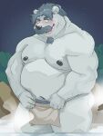  2023 anthro bear beard belly big_belly bluewhale127 blush crave_saga facial_hair hi_res kemono male mammal moobs mustache navel night nipples outside overweight overweight_male polar_bear solo towel ursine 