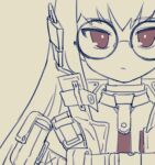  1girl arigatoner commentary frown girls&#039;_frontline glasses headgear jacket long_hair looking_at_viewer lowres mod3_(girls&#039;_frontline) monochrome red_eyes round_eyewear sketch solo spot_color straight-on tactical_clothes type_80_(girls&#039;_frontline) upper_body 
