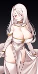  1girl bangs breasts bridal_gauntlets cleavage closed_mouth covered_navel dress gradient_background greenopi highres lamia large_breasts long_hair looking_at_viewer monster_girl original red_eyes scales simple_background smile solo white_dress white_hair 