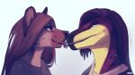  16:9 anthro anthro_on_anthro artist_name black_clothing black_topwear blue_background blue_eyes brown_body brown_eyes brown_fur brown_hair brown_nose clothed clothing duo female female/female french_kissing fur hair hyena kissing mammal red_body red_tongue side_view simple_background species_request tongue tongue_out topwear unknowhiter widescreen yellow_body 