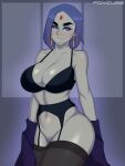  1girl bra breasts collarbone colored_skin dc_comics earrings forehead forehead_jewel foxicube garter_straps grey_skin jewelry large_breasts lingerie medium_hair navel purple_hair raven_(dc) smile solo standing teen_titans thighhighs underwear 