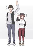  1boy 1girl :o breasts brown_hair cabbie_hat full_body hand_up hat height_difference highres ikari_manatsu kamihira_mao large_breasts open_mouth original pants pointing pointing_up purple_eyes red_pants shirt shoes short_hair sneakers socks standing white_shirt 