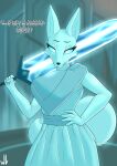  2023 absurd_res anthro big_breasts big_sword blue_body blue_fur blue_sclera breasts clothing detailed_background digital_media_(artwork) female fur glowing glowing_body glowing_fur hand_on_hip hi_res looking_at_viewer low-angle_view melee_weapon pupils robe signature solo sword tail text the_heir_(tunic) tunic_(video_game) weapon white_pupils whitev 