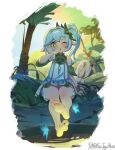  1girl arm_support bangs barefoot blurry blurry_background blush bug butterfly cross-shaped_pupils detached_sleeves dress english_commentary eyelashes feet full_body genshin_impact gold_trim green_eyes green_sleeves grey_hair hair_ornament hand_on_own_face hand_up highres legs long_hair mixed-language_commentary nahida_(genshin_impact) one_eye_closed open_mouth outdoors pointy_ears side_ponytail sidelocks sin_(sintrybest) sleeveless sleeveless_dress soles solo symbol-shaped_pupils toes tree twitter_username white_dress 