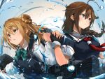  2girls adapted_turret ahoge black_dress black_serafuku blue_eyes bow bowtie braid breasts cannon double_bun dress green_bow green_bowtie hair_bun hair_flaps hair_ornament hair_over_shoulder highres kantai_collection light_brown_hair michishio_(kancolle) michishio_kai_ni_(kancolle) multiple_girls neckerchief pinafore_dress red_neckerchief rigging school_uniform serafuku shigure_(kancolle) shigure_kai_ni_(kancolle) shirt short_twintails single_braid sleeveless sleeveless_dress small_breasts sunday_aki turret twintails upper_body water white_shirt 