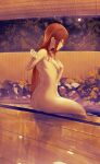  1girl architecture ass back breasts brown_hair east_asian_architecture from_behind highres holding holding_towel long_hair looking_down makise_kurisu medium_breasts nametarou_(meron) nude onsen purple_eyes sideboob sitting solo steins;gate towel very_long_hair 