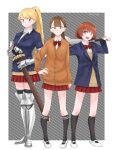  3girls arm_armor bangs baseball_bat black_socks black_thighhighs blonde_hair blue_jacket bow bowtie brown_hair brown_sweater collared_shirt grey_background hand_on_hip highres holding holding_baseball_bat holding_sword holding_weapon itan_private_high_school_uniform jacket kishi_himeko komi-san_wa_komyushou_desu leg_armor long_hair looking_at_viewer multiple_girls onigashima_akako open_mouth pleated_skirt ponytail red_bow red_bowtie red_skirt school_uniform sheath sheathed shirt shoes short_hair skirt smile socks striped striped_background striped_skirt sweater sword takita_(takita3411) thighhighs weapon white_footwear white_shirt yamai_ren 