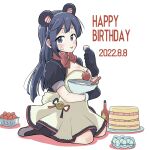  1girl animal_ears baking bangs birthday black_eyes black_hair breasts cleavage commentary dated egg english_text exciting_animal_(love_live!) food gloves happy_birthday highres kinasuzu55 long_hair love_live! love_live!_nijigasaki_high_school_idol_club medium_breasts mixing_bowl one_side_up sidelocks solo tongue tongue_out whisk white_background yuuki_setsuna_(love_live!) 