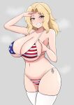  1girl alternate_breast_size american_flag american_flag_bikini american_flag_print bikini blonde_hair blue_eyes breasts commentary cowboy_shot curvy flag_print girls_und_panzer grey_background grin highres huge_breasts kay_(girls_und_panzer) long_hair looking_at_viewer navel print_bikini salute side-tie_bikini_bottom simple_background skindentation sleeptopi smile solo stomach striped striped_bikini swimsuit teeth thighhighs thighs white_thighhighs wide_hips 