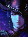  1girl black_hair close-up ear_piercing final_fantasy final_fantasy_xiv grey_eyes hat hat_over_one_eye hyur lips piercing portrait shiroishi solo tricorne watermark zero_(ff14) 