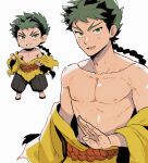  1boy braid forked_eyebrows green_eyes green_hair grin kazushiban male_focus monk monk_(sekaiju) monk_5_(sekaiju) multiple_views pectorals sekaiju_no_meikyuu sekaiju_no_meikyuu_3 sekaiju_no_meikyuu_hd simple_background smile topless_male white_background 