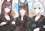  3girls absurdres akagi_(azur_lane) amagi_(azur_lane) animal_ear_fluff animal_ears ascot azur_lane black_sailor_collar blue_ascot blue_eyes breasts brown_hair cleavage cloud collarbone fox_ears fox_girl highres kaga_(azur_lane) large_breasts multiple_girls purple_eyes red_ascot red_eyes sailor_collar samip school_uniform smile white_hair 