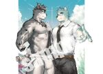  2boys abs animal_ears bara beckoning black_necktie black_pants blue_fur bulge cloud cloudy_sky collared_shirt commission dog_boy fang fang_out feet_out_of_frame glasses grey_fur jewelry large_pectorals laserbiubiu leather_belt loincloth male_focus multiple_boys muscular muscular_male necklace necktie nipples original outstretched_hand pants pectorals reaching_towards_viewer salaryman sample_watermark sheath sheathed shirt short_hair sky smile standing stomach testicle_peek thick_eyebrows thick_thighs thighs tribal wolf_boy wolf_ears 