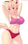  1girl animal_ears armpits arms_up bangs bare_arms bare_shoulders blonde_hair blush breasts buruma cat_ears cat_girl cat_tail cleavage commentary covered_nipples cowboy_shot english_commentary highres long_hair looking_at_viewer midriff navel nottytiffy open_mouth original patreon_username pink_sports_bra ponytail red_buruma red_eyes sideboob simple_background slit_pupils smile solo sports_bra tail thighs tiffy_(nottytiffy) white_background 