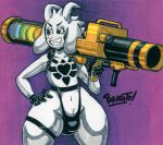  2023 anthro asriel_dreemurr asriel_dreemurr_(god_form) big_bulge big_gun boss_monster bovid bulge caprine clothed clothing curvy_figure eyebrows eyelashes fur girly gloves goat gun hand_on_hip handwear harness hi_res horn huge_thighs legband male mammal markings narrowed_eyes navel parasitedeath purple_background ranged_weapon rocket_launcher signature simple_background smile solo squish standing teeth thick_thighs thigh_squish thighband thong topless topless_anthro topless_male traditional_media_(artwork) tuft undertale undertale_(series) underwear weapon 