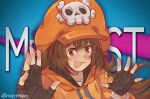  1girl :p black_gloves brown_eyes brown_hair fingerless_gloves gloves guilty_gear hat highres hood hoodie long_hair looking_at_viewer may_(guilty_gear) meme mil17459623 mrbeast orange_headwear orange_hoodie real_life skull_and_crossbones solo tongue tongue_out upper_body 