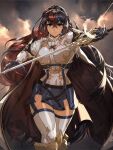  1girl alear_(female)_(fire_emblem) alear_(fire_emblem) armor bangs blue_eyes blue_hair blush braid breasts crossed_bangs crown_braid david_liu fire_emblem fire_emblem_engage gloves heterochromia highres holding holding_sword holding_weapon jewelry long_hair looking_at_viewer medium_breasts multicolored_hair red_eyes red_hair solo split-color_hair sword thigh_strap thighhighs tiara two-tone_hair very_long_hair weapon 