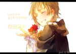  1boy bag black_hoodie blonde_hair brown_shirt character_name closed_eyes commentary_request dated english_text facing_viewer flower from_side happy_birthday holding hood hood_down hoodie kagerou_project kano_shuuya layered_sleeves letterboxed light_brown_hair male_focus mekakucity_actors muu02020 parted_lips partial_commentary pink_bag print_hoodie red_flower shirt short_hair short_sleeves simple_background smile solo tears teeth upper_body v white_background white_bag 