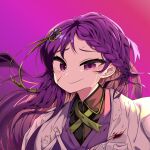  1girl bangs black_shirt black_survival blood blood_stain blush braid braided_bangs closed_mouth coat commentary_request crying crying_with_eyes_open green_ribbon hair_ribbon highres hyejin_(black_survival) kurodani_yamame long_hair looking_at_viewer purple_background purple_eyes purple_hair purple_vest ribbon rinyamame shirt smile solo tears touhou upper_body vest white_coat 