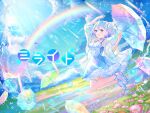  1girl animal_ears bangs blue_eyes blue_hair blush cat_ears cat_girl day dress earrings field flower flower_field halter_dress halterneck hamaru_log highres holding holding_umbrella holographic_clothing jacket jewelry jumping necklace open_mouth original outdoors petticoat rain rainbow raincoat shoes short_hair sky sleeveless sleeveless_dress smile sneakers solo sunlight thigh_strap umbrella water 