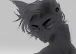  ambiguous_gender anthro cheek_tuft claws ear_piercing eyebrows facial_tuft finger_claws fluffy_ears gauged_ear hair hand_on_neck looking_aside messy_hair monochrome mouth_closed narrowed_eyes nude piercing simple_background solo species_request tuft unknowhiter 