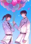  2boys absurdres bai_liu balloon black_hair confetti highres holding holding_balloon i_became_a_god_in_a_horror_game looking_at_another multiple_boys outdoors ponytail tavel weiyabeya 