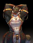  anthro arm_above_head bublelery flexing flexing_muscles genital_piercing genitals harem harem_jewelry harem_outfit hi_res jewelry looking_at_viewer male male/male nomsi_(character) one_eye_closed penis penis_piercing piercing solo wink winking_at_viewer 