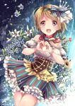  bow bracelet brown_hair corset crown detached_collar detached_sleeves flower heart heart_hands jewelry koizumi_hanayo layered_skirt lily_(flower) love_live! love_live!_school_idol_festival mini_crown morning_glory niwasane_(saneatsu03) open_mouth puffy_short_sleeves puffy_sleeves purple_eyes ripples short_sleeves skirt smile solo striped striped_bow sunflower vertical_stripes 