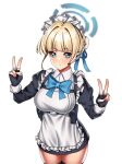  blonde_hair blue_archive blue_eyes blue_ribbon braid bun_cover double_v dukyduky96 earpiece elbow_gloves fingerless_gloves gloves hair_ribbon halo highres maid maid_headdress md5_mismatch resolution_mismatch ribbon source_larger toki_(blue_archive) v 