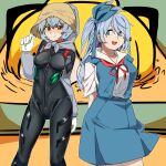  2girls 3girls ayanami_rei ayanami_rei_(cosplay) black_bodysuit black_survival blonde_hair blue_bow blue_eyes blue_hair blue_skirt blue_vest blush bodysuit bow braid breasts cloak closed_mouth commentary_request cosplay crossover detached_sleeves emma_hardy feet_out_of_frame gloves grey_cloak grey_sleeves hair_bow highres hood hooded_cloak kurodani_yamame large_breasts long_hair looking_at_viewer medium_breasts multiple_girls neck_ribbon neon_genesis_evangelion one_side_up open_mouth plugsuit red_eyes red_ribbon ribbon rinyamame shirt short_hair skirt smile touhou twin_braids vest white_gloves white_shirt 