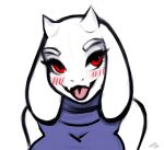  anthro blue_clothing blue_topwear bovid bust_portrait caprine clothed clothing eyebrows eyelashes female floppy_ears front_view glistening glistening_eyes goat horn mammal narrowed_eyes open_mouth open_smile pink_tongue portrait red_eyes simple_background smile solo tongue topwear toriel undertale undertale_(series) unknowhiter white_background white_body white_eyebrows white_horn 