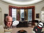  anthro anus black_body black_fur changed_(video_game) collar degradation duo fur hi_res joe_biden male male/male office president puro_(changed) speech_bubble spread_anus spreading stick_figure stupid 