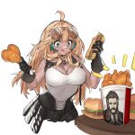  1girl :q ahoge bare_shoulders berezovich_kryuger_(girls&#039;_frontline) bird black_gloves blonde_hair blush breasts bucket_of_chicken burger chicken chicken_(food) commentary_request cowboy_shot dark-skinned_female dark_skin eating eyewear_on_head food girls&#039;_frontline gloves green_eyes green_hair highres holding holding_food hot_dog large_breasts liberator_(girls&#039;_frontline) licking_lips mole mole_under_mouth multicolored_hair nishiro_ryoujin peace_symbol shirt simple_background solo streaked_hair sunglasses table tongue tongue_out white_background white_shirt 