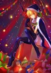  1girl artoria_pendragon_(fate) black_footwear black_thighhighs blonde_hair boots box cape english_commentary excalibur_morgan_(fate) fate/grand_order fate_(series) full_body fur_trim gift gift_box gloves hat highres looking_at_viewer santa_alter santa_costume santa_hat sitting solo star_(symbol) sword tenmoon thigh_boots thighhighs weapon yellow_eyes 