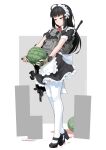  1girl absurdres apron assault_rifle black_hair blue_eyes bulletproof_vest food fruit gun handgun high_heels highres holster holstered_weapon long_hair maid maid_apron maid_headdress original rifle solo tactical_clothes thighhighs vectorek watermelon weapon 