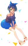  1girl black_hair blue_ribbon blue_skirt floating frilled_sleeves frills green_eyes hair_ribbon halterneck jj_(ssspulse) kanojo_okarishimasu looking_at_viewer miniskirt off-shoulder_shirt off_shoulder open_mouth ribbon sarashina_ruka shirt shoes short_hair short_sleeves skirt smile solo thighhighs v_arms white_background white_footwear white_thighhighs 