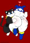  &lt;3 anthro atlus bandanna big_butt black_body black_fur blastoiseanimator blue_eyes boots butt butt_slap clothing domestic_cat duo felid feline felis footwear fur hat headgear headwear hi_res jack_frost_(megami_tensei) kerchief male male/male mammal megami_tensei megami_tensei_persona morgana_(persona) overweight slap snowman spank_marks white_body 